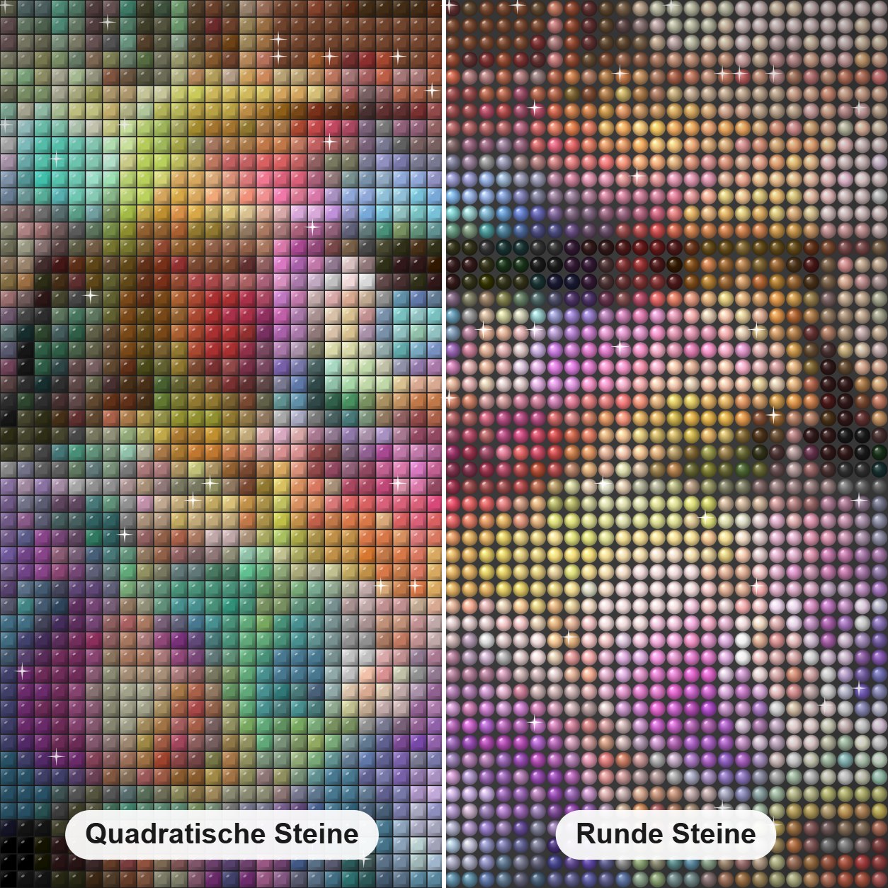 Bunte Van Diamond Painting Nahaufnahme mit quadratischen und runden Steinen