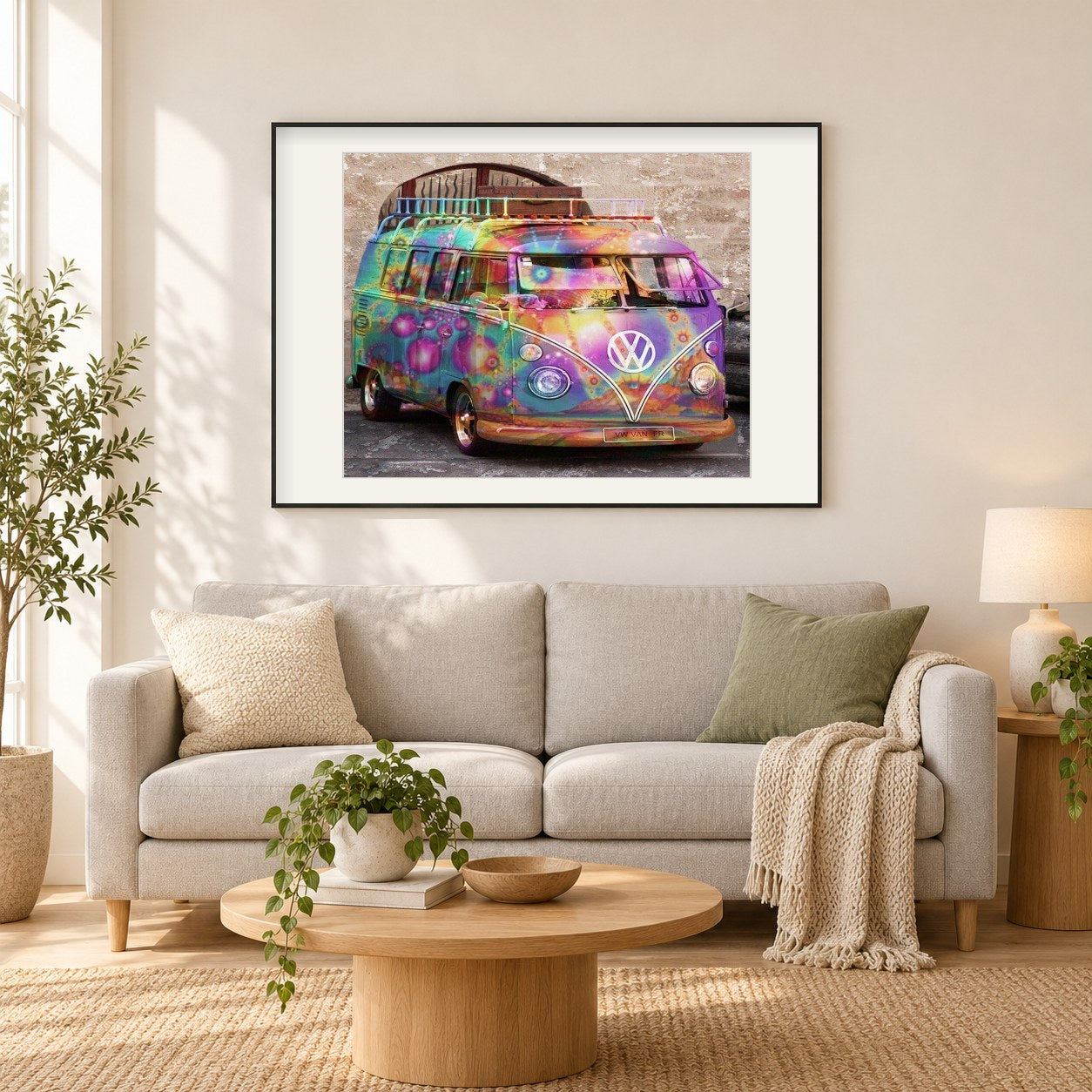 Bunte Van als gerahmtes Diamond Painting im Wohnzimmer