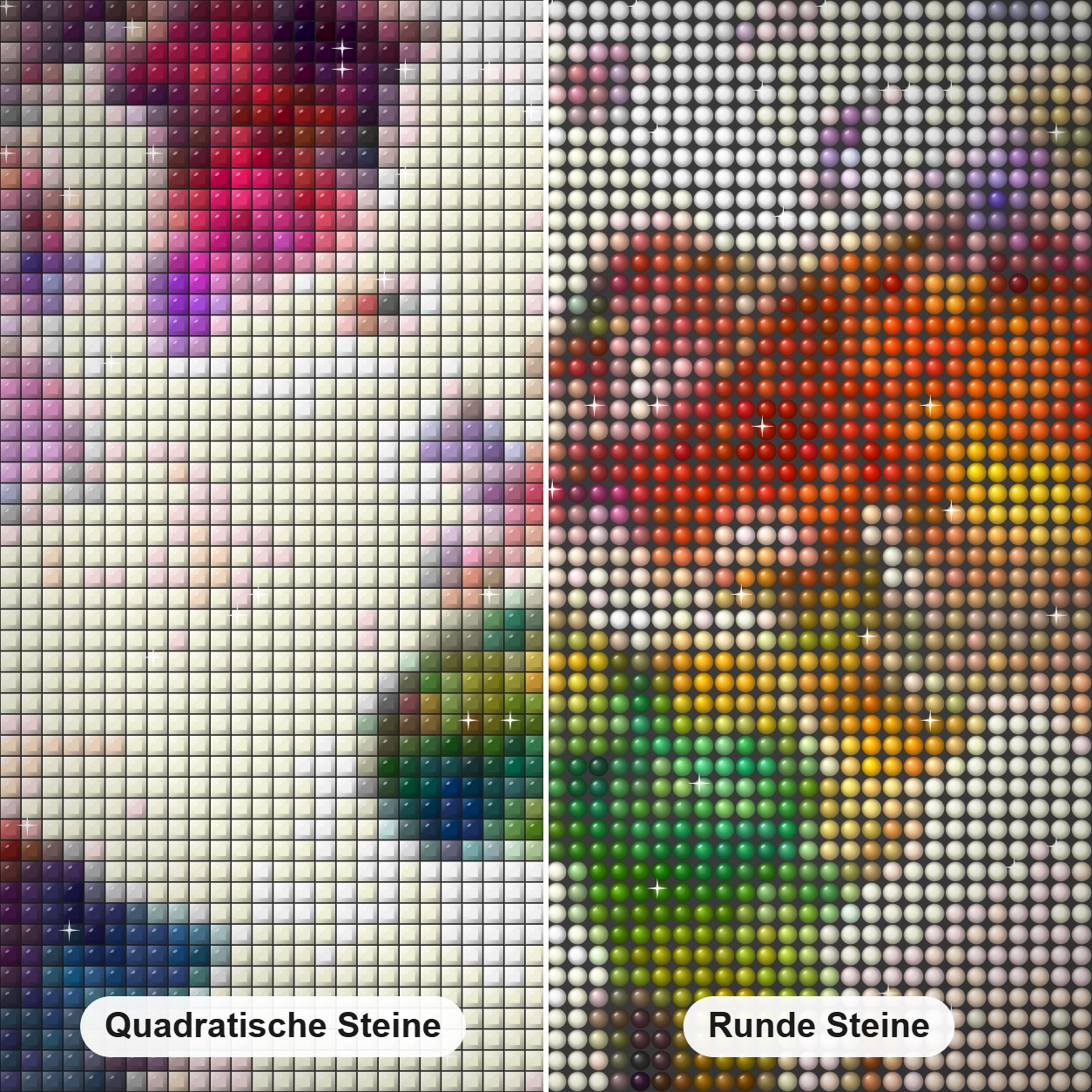 Bunte Weltkarte Diamond Painting Nahaufnahme mit quadratischen und runden Steinen