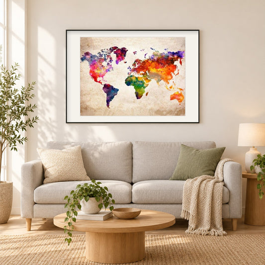 Bunte Weltkarte als gerahmtes Diamond Painting im Wohnzimmer
