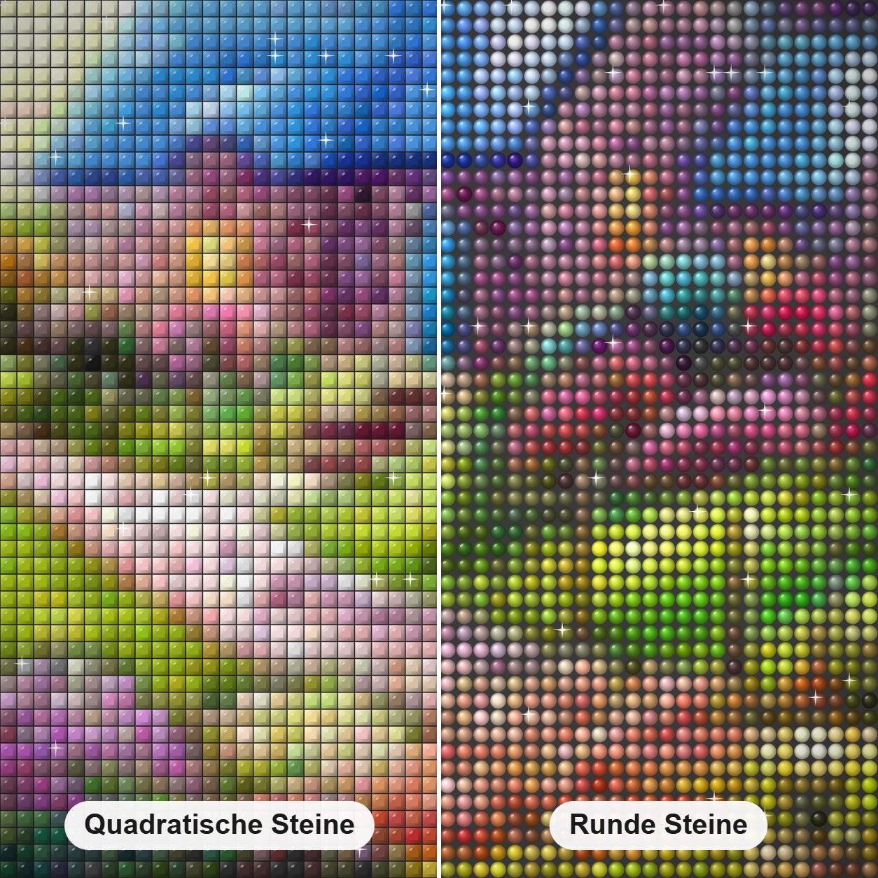 Bunter Garten Diamond Painting Nahaufnahme mit quadratischen und runden Steinen