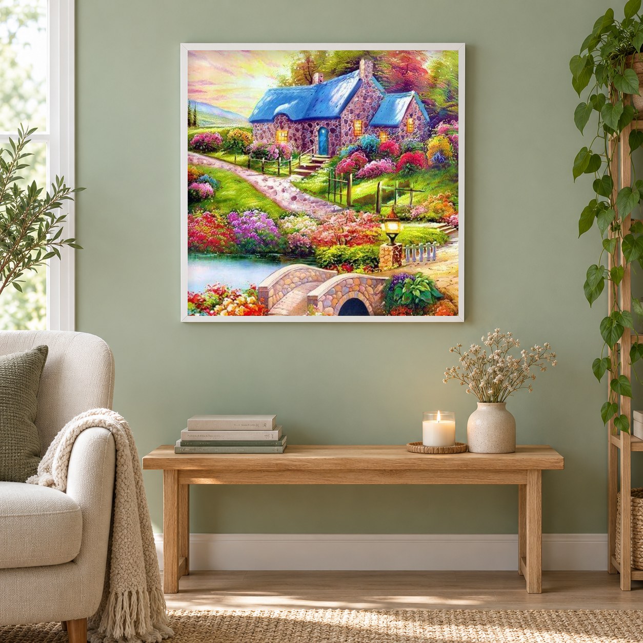 Bunter Garten als gerahmtes Diamond Painting im Wohnzimmer
