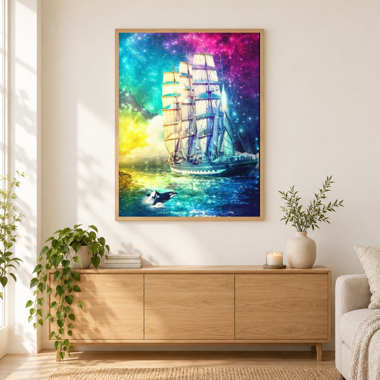 Bunter Himmel & Segelschiff als gerahmtes Diamond Painting im Wohnzimmer