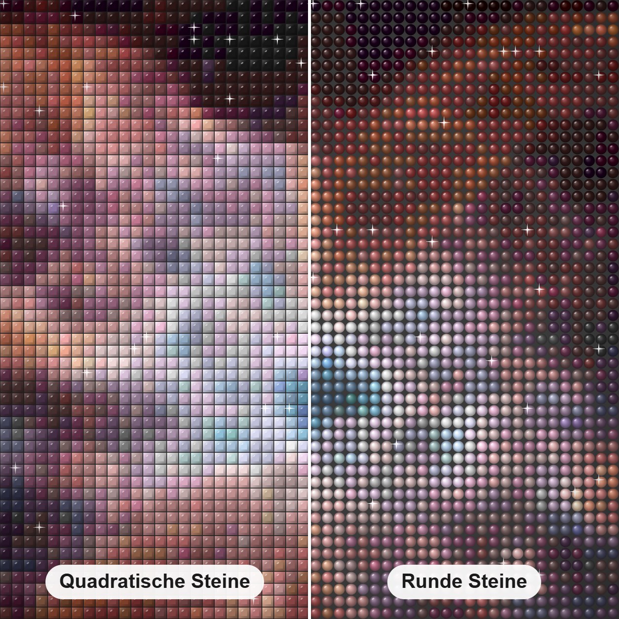 Bunter Untergang eines sonnenähnlichen Sterns Diamond Painting Nahaufnahme mit quadratischen und runden Steinen