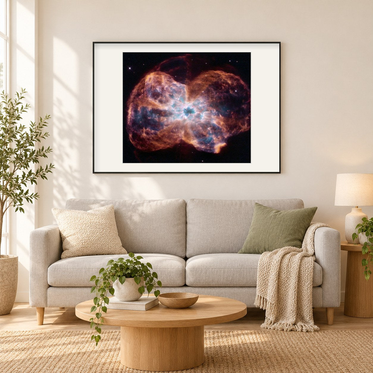 Bunter Untergang eines sonnenähnlichen Sterns als gerahmtes Diamond Painting im Wohnzimmer