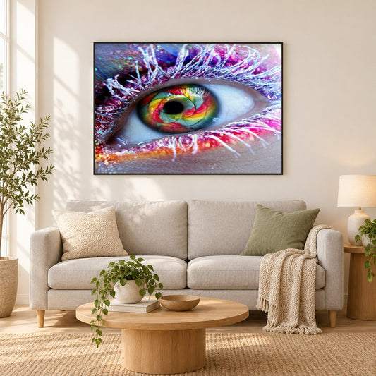Buntes Auge als gerahmtes Diamond Painting im Wohnzimmer