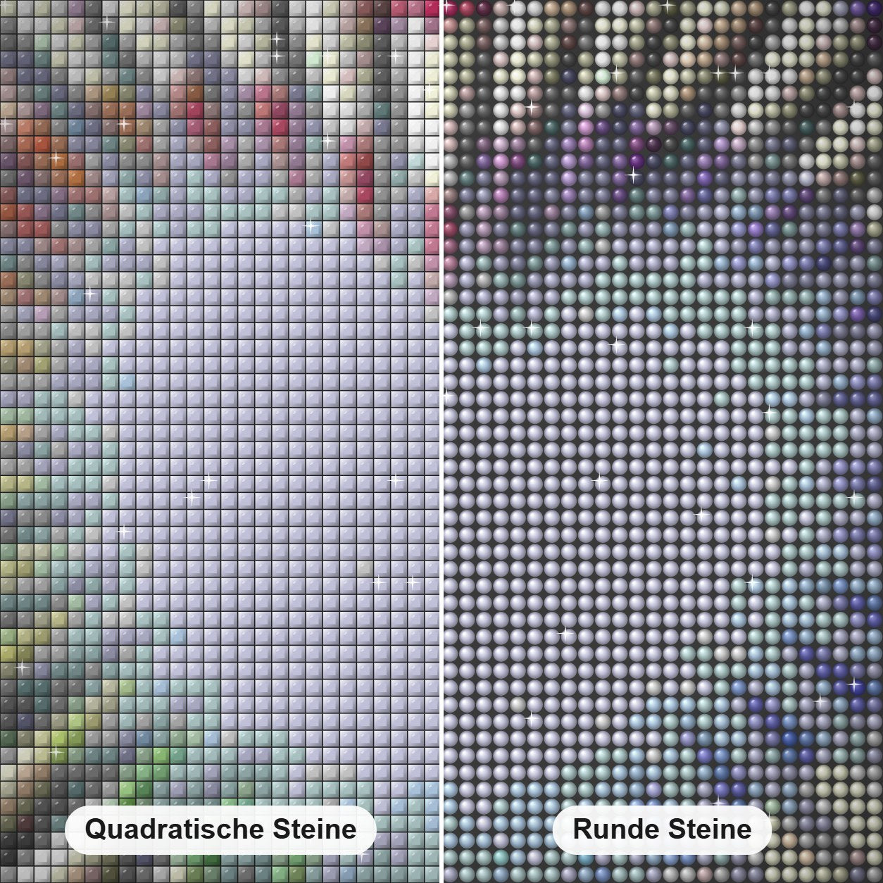 Buntes Bleistiftherz Diamond Painting Nahaufnahme mit quadratischen und runden Steinen