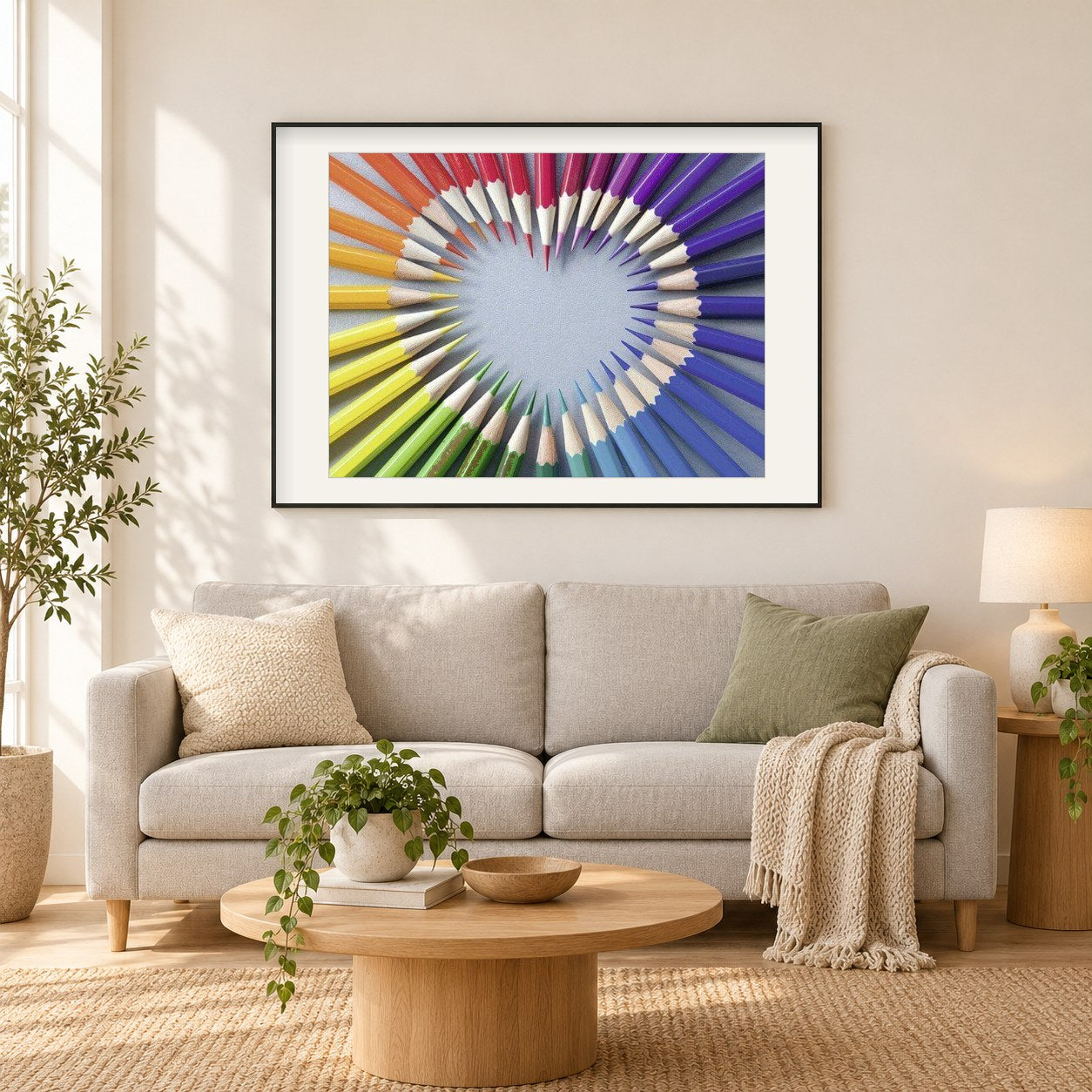 Buntes Bleistiftherz als gerahmtes Diamond Painting im Wohnzimmer
