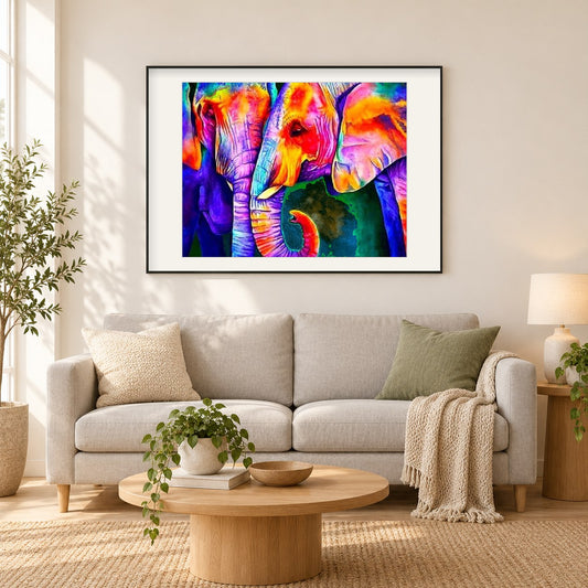 Buntes Elefantenpaar als gerahmtes Diamond Painting im Wohnzimmer