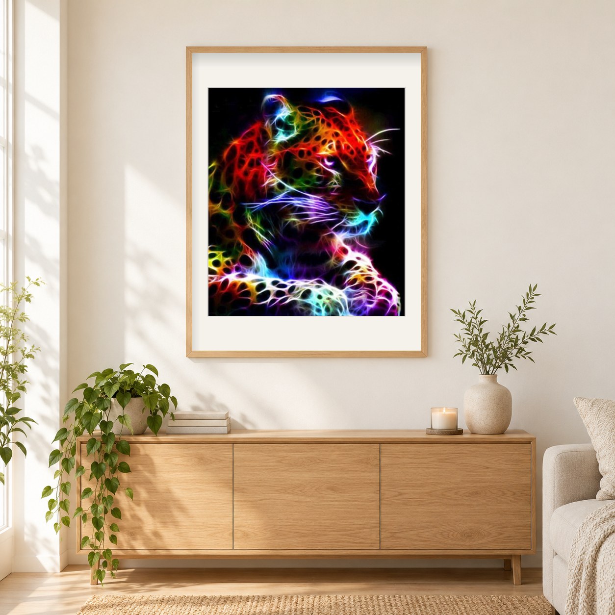 Buntes Neon-Leoparden als gerahmtes Diamond Painting im Wohnzimmer