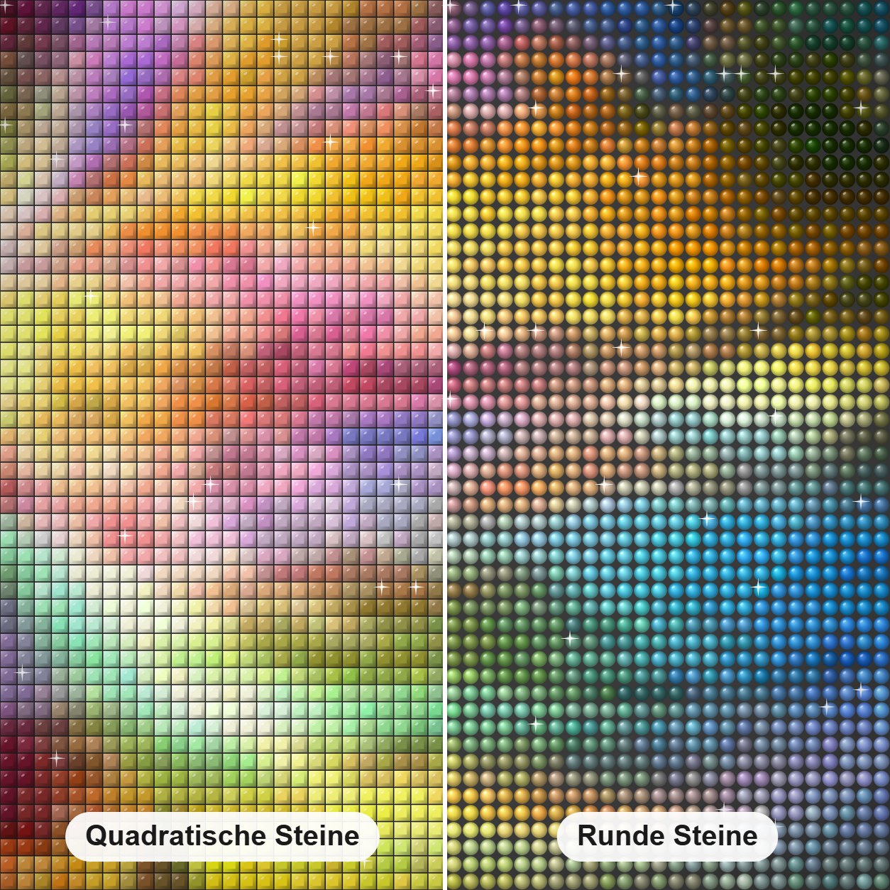 Buntes Universum Diamond Painting Nahaufnahme mit quadratischen und runden Steinen