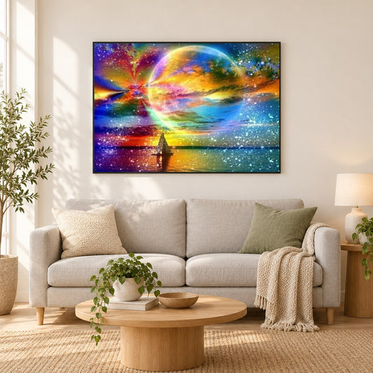 Buntes Universum als gerahmtes Diamond Painting im Wohnzimmer