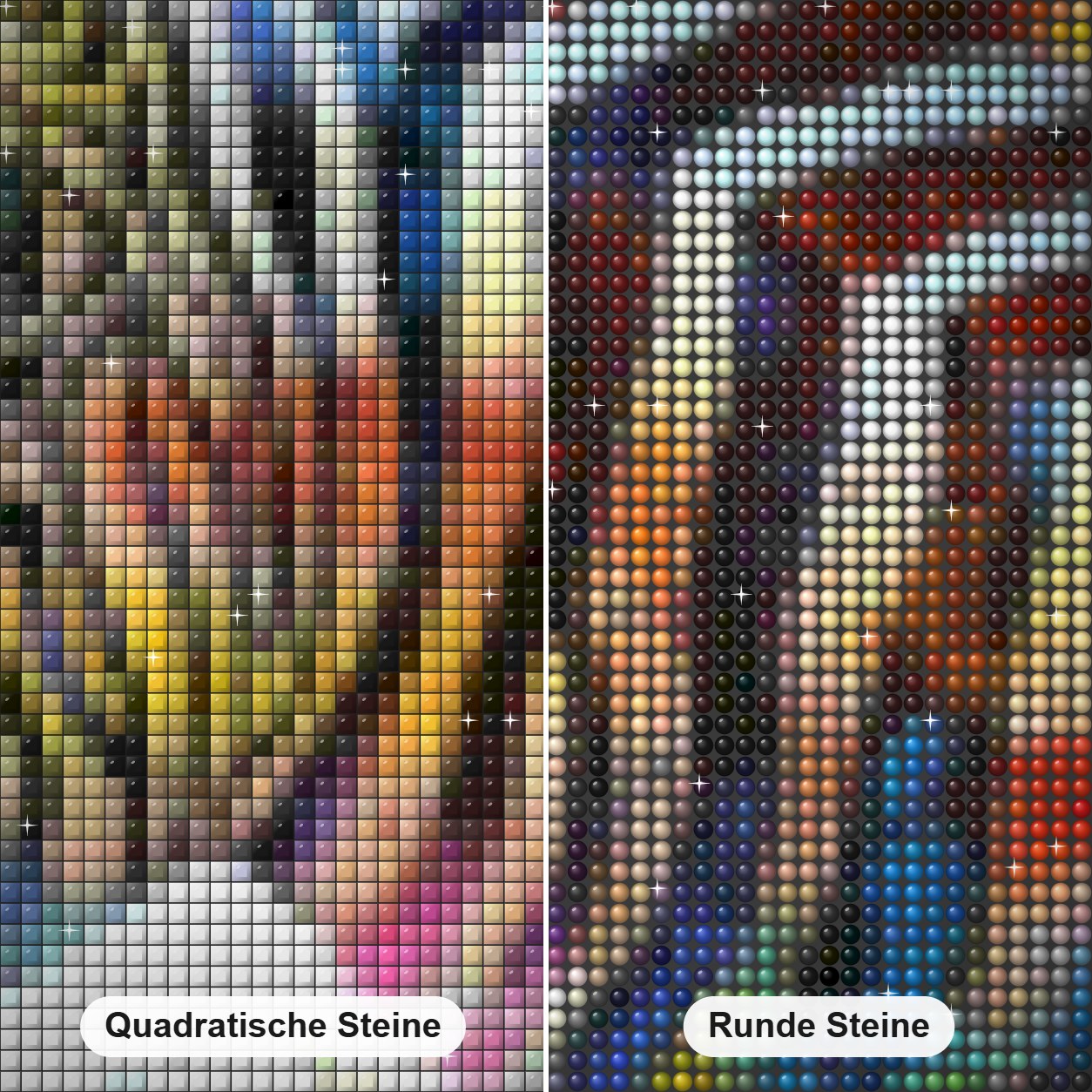 Buntes Zebra Diamond Painting Nahaufnahme mit quadratischen und runden Steinen