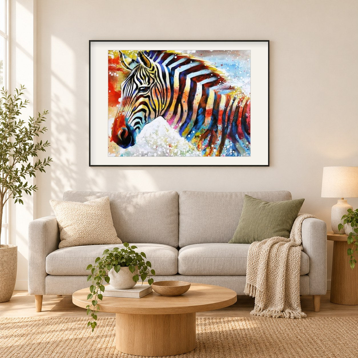 Buntes Zebra als gerahmtes Diamond Painting im Wohnzimmer