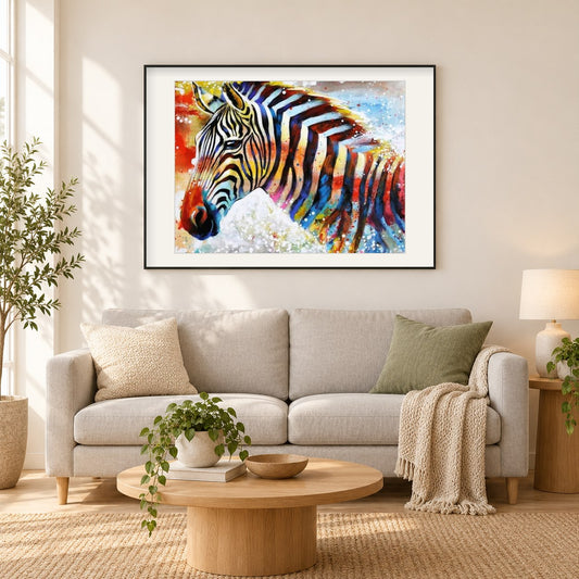 Buntes Zebra als gerahmtes Diamond Painting im Wohnzimmer