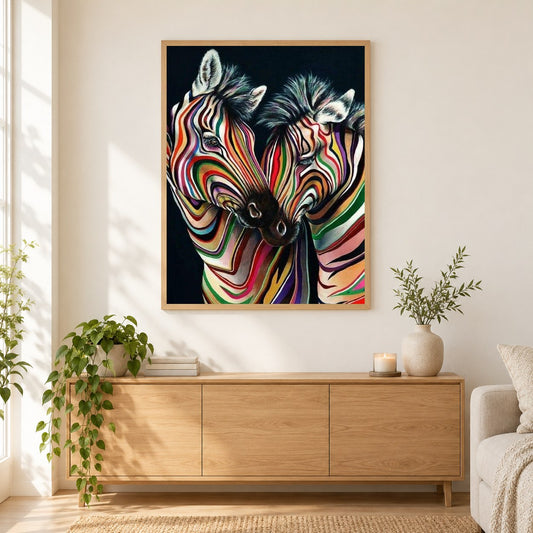 Buntes Zebras-Mal-Kit als gerahmtes Diamond Painting im Wohnzimmer