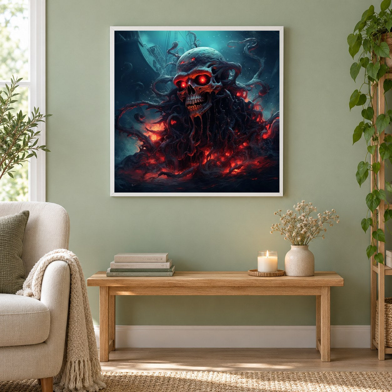 Brennender Schädel als gerahmtes Diamond Painting im Wohnzimmer