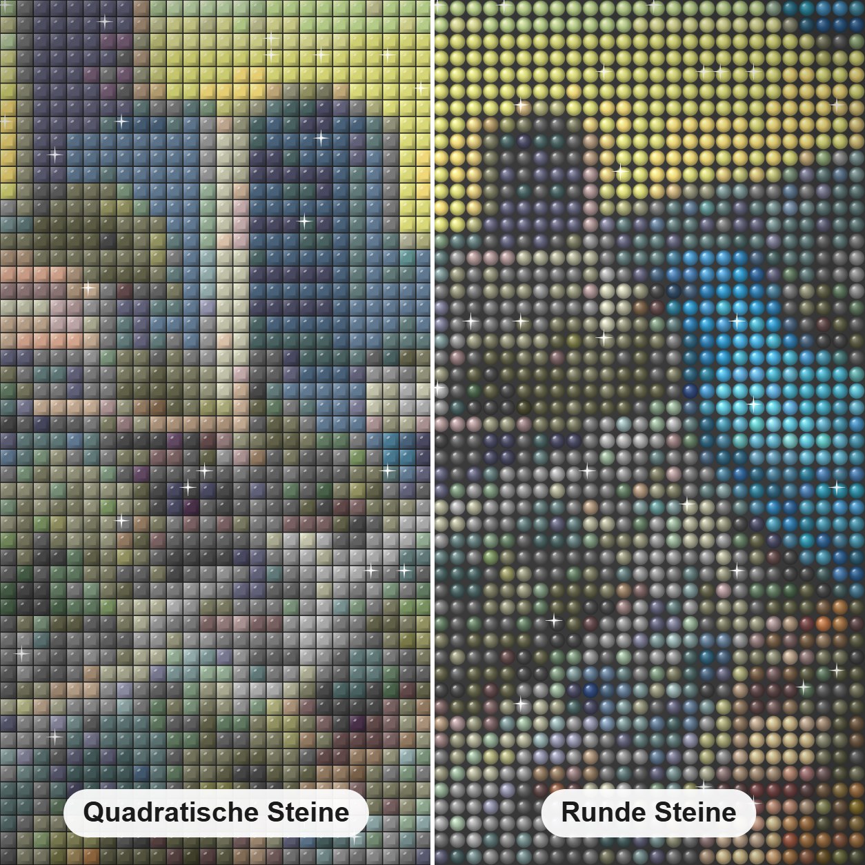 Lebhafte Stadt mit Blüten und Vögeln Diamond Painting Nahaufnahme mit quadratischen und runden Steinen