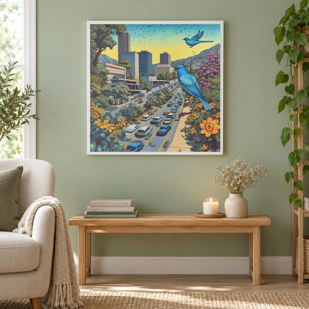 Lebhafte Stadt mit Blüten und Vögeln als gerahmtes Diamond Painting im Wohnzimmer
