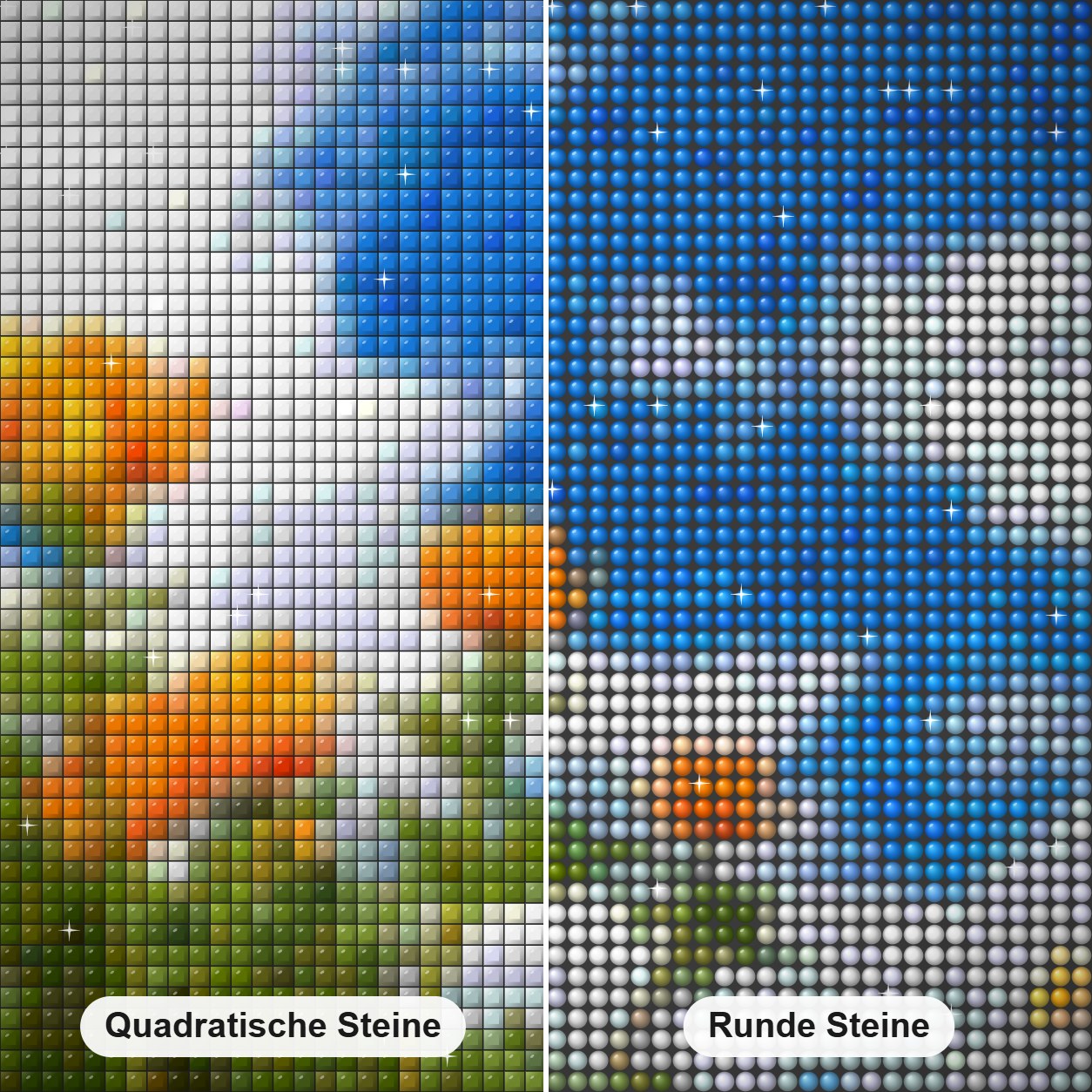 Kalifornischer Mohn unter blauem Himmel - Kunst des Denise Dundon Diamond Painting Nahaufnahme mit quadratischen und runden Steinen