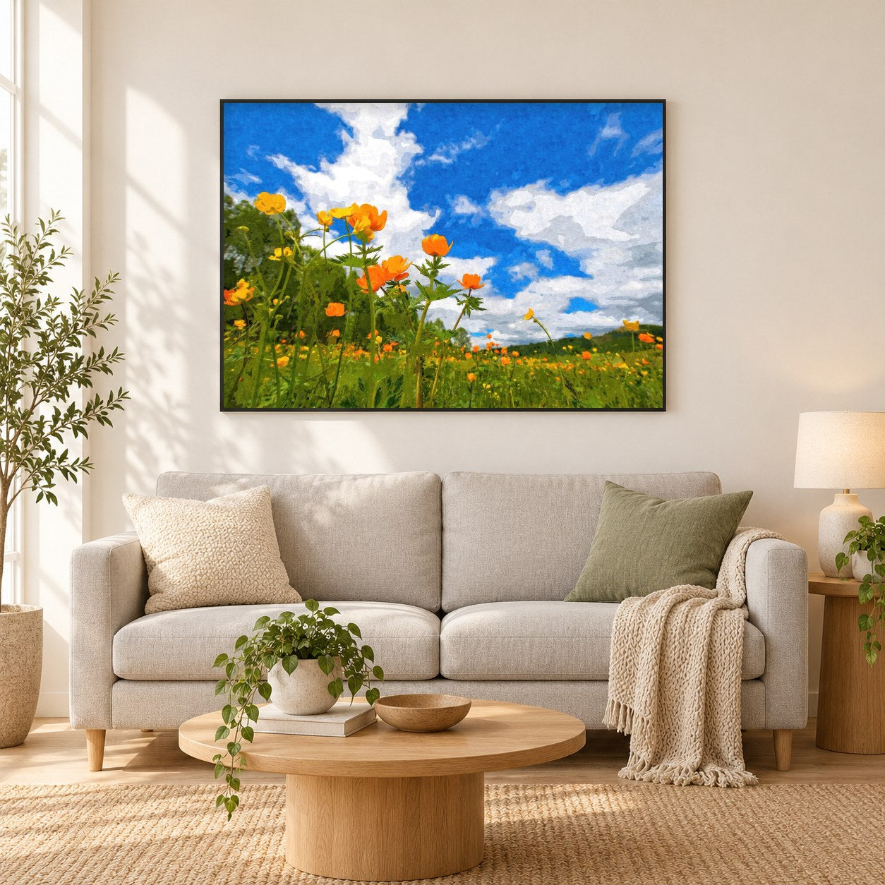 Kalifornischer Mohn unter blauem Himmel - Kunst des Denise Dundon als gerahmtes Diamond Painting im Wohnzimmer