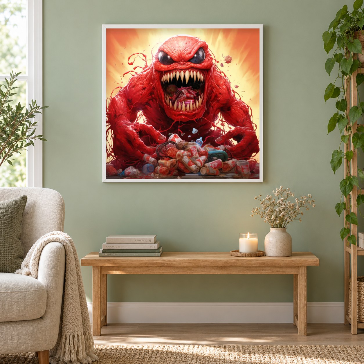 Süßigkeitenmonster als gerahmtes Diamond Painting im Wohnzimmer