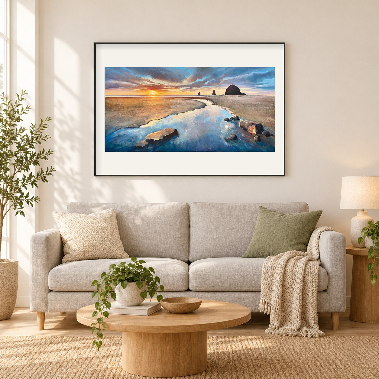 Kanonen-Strand-Sonnenuntergang - Kunst des Linda Wilder als gerahmtes Diamond Painting im Wohnzimmer