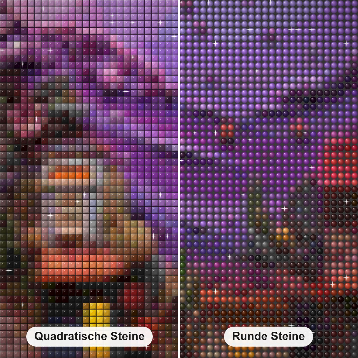 Ich kann meine Augen nicht abwenden Diamond Painting Nahaufnahme mit quadratischen und runden Steinen