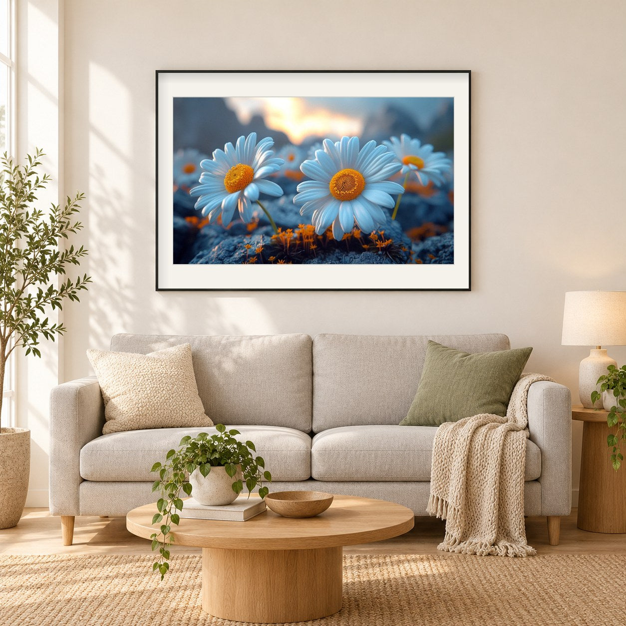 Bezaubernd schöne Blumen als gerahmtes Diamond Painting im Wohnzimmer