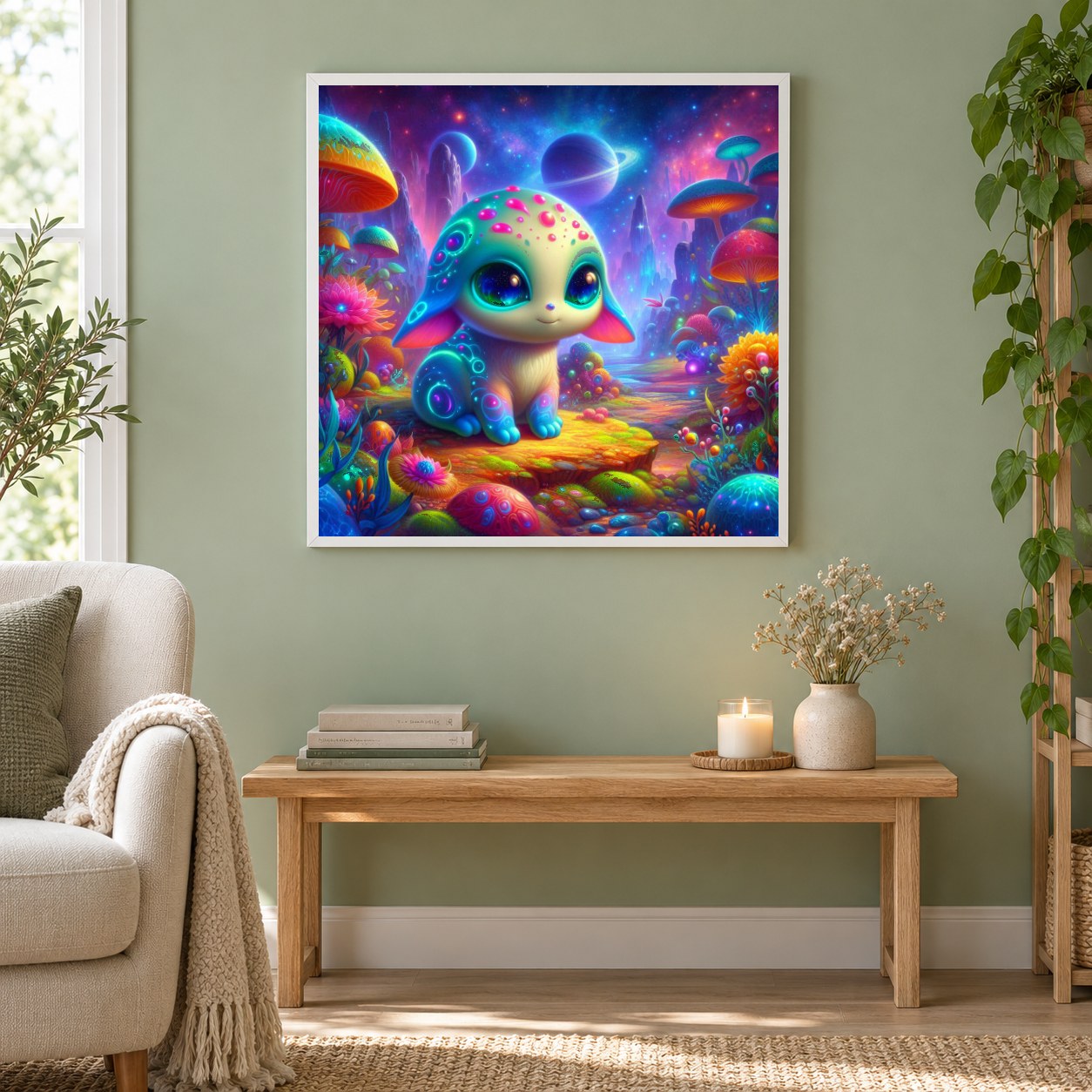 Fesselndes und faszinierendes Kunstwerk als gerahmtes Diamond Painting im Wohnzimmer
