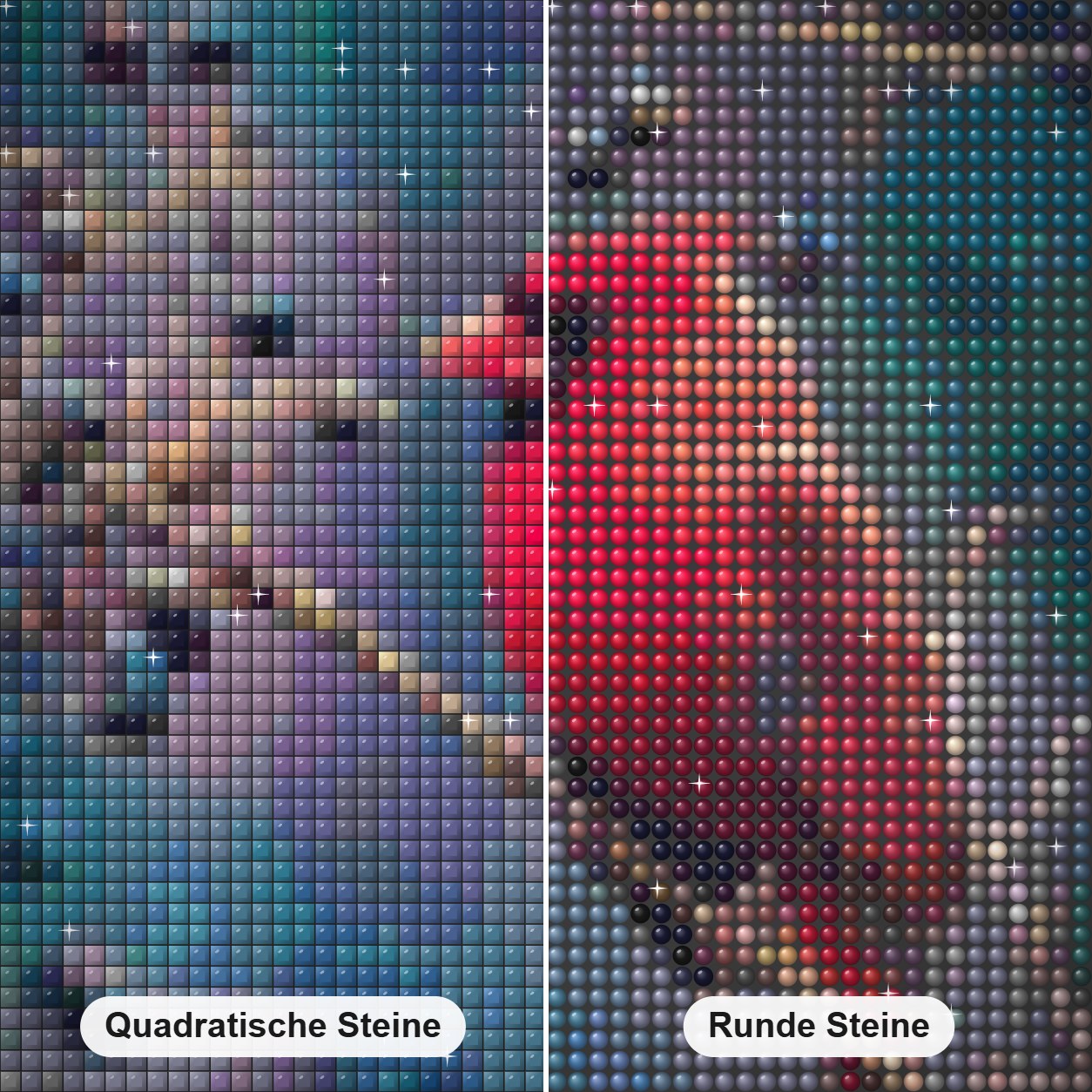 Kardinal und Beeren - Kunst des Denise Dundon Diamond Painting Nahaufnahme mit quadratischen und runden Steinen