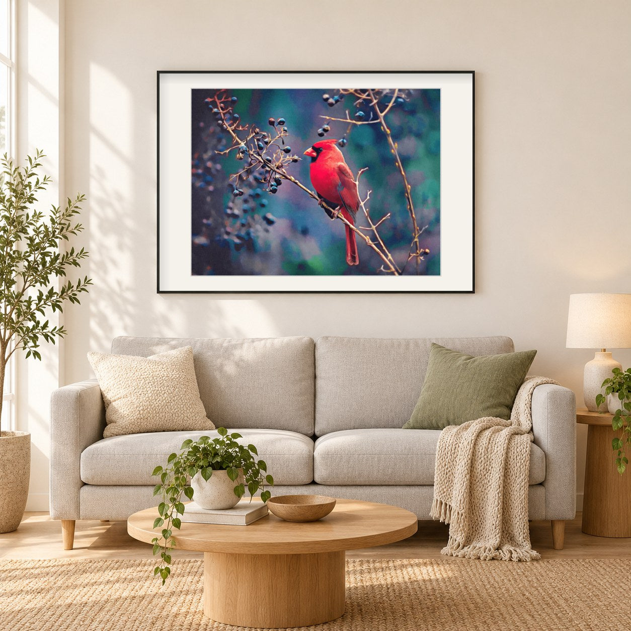 Kardinal und Beeren - Kunst des Denise Dundon als gerahmtes Diamond Painting im Wohnzimmer