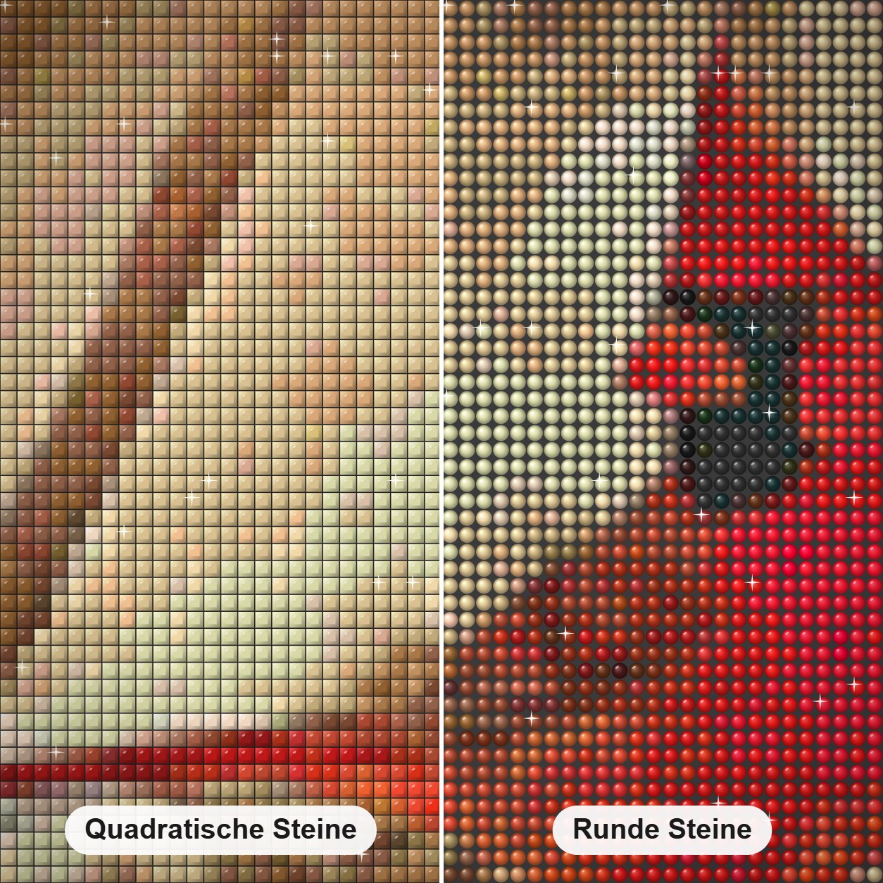 Kardinal Stempel - Kunst des Denise Dundon Diamond Painting Nahaufnahme mit quadratischen und runden Steinen