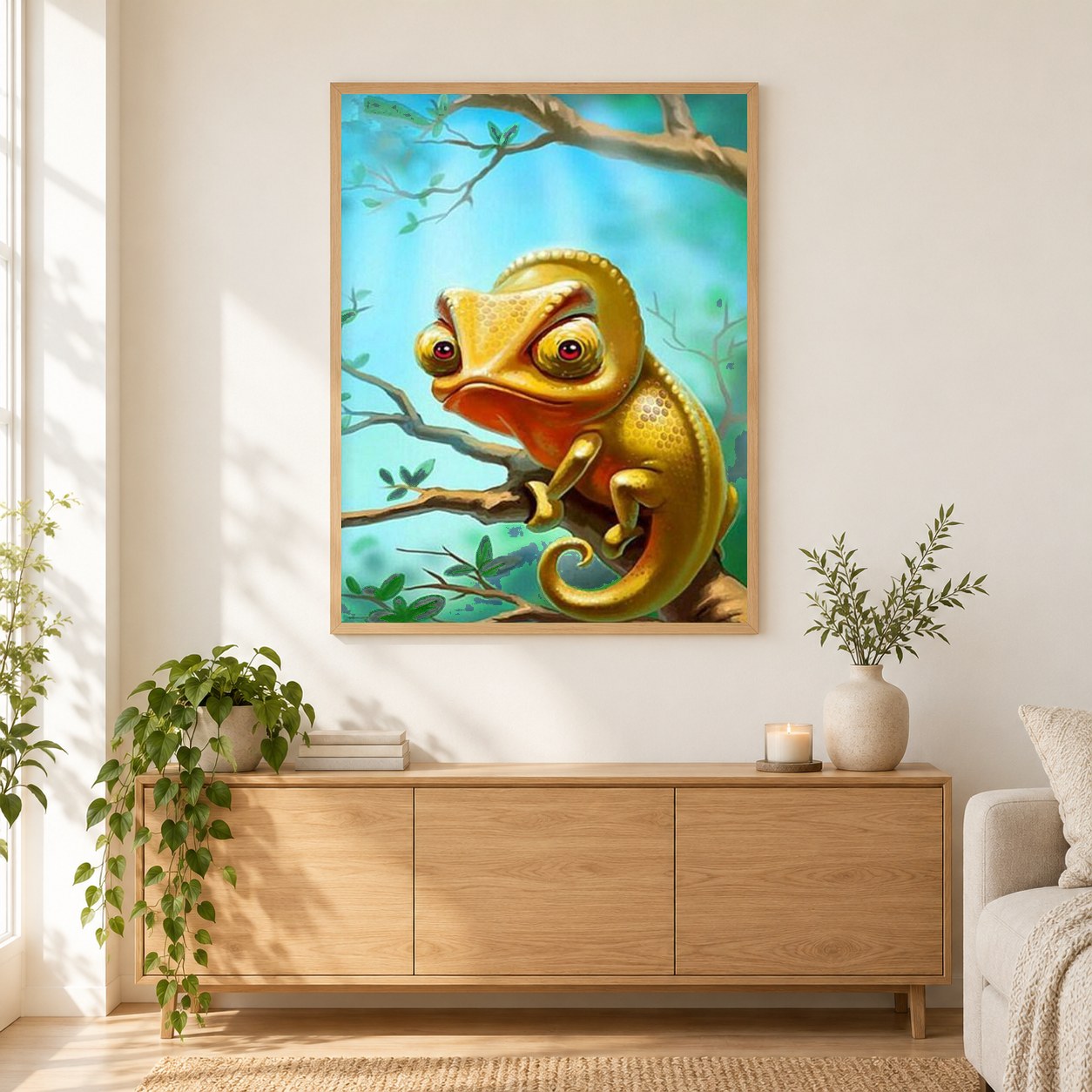Cartoon Chamäleon als gerahmtes Diamond Painting im Wohnzimmer