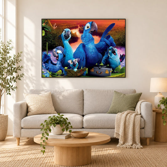 Cartoon Papageien Familie als gerahmtes Diamond Painting im Wohnzimmer