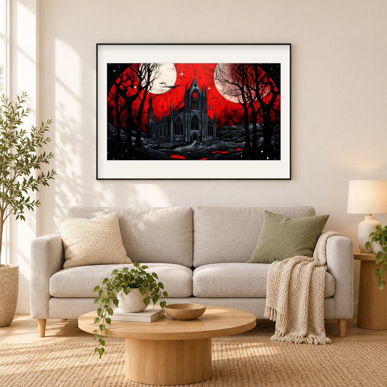 Schloss mit rotem Himmel als gerahmtes Diamond Painting im Wohnzimmer