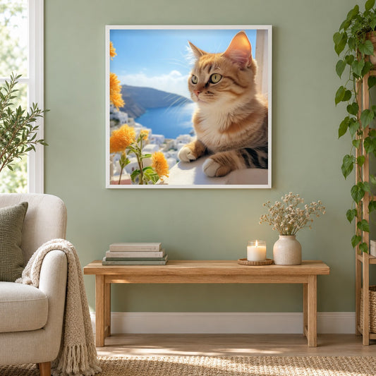 Katze mit Blumen als gerahmtes Diamond Painting im Wohnzimmer