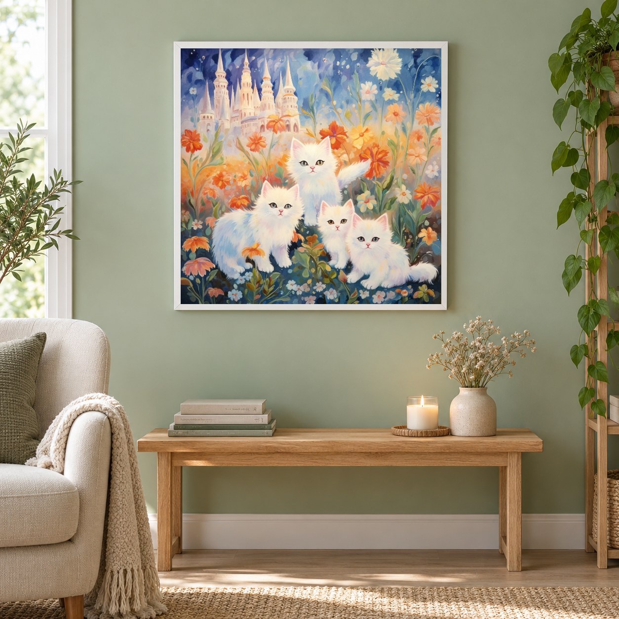 Katzen im Schlossgarten als gerahmtes Diamond Painting im Wohnzimmer