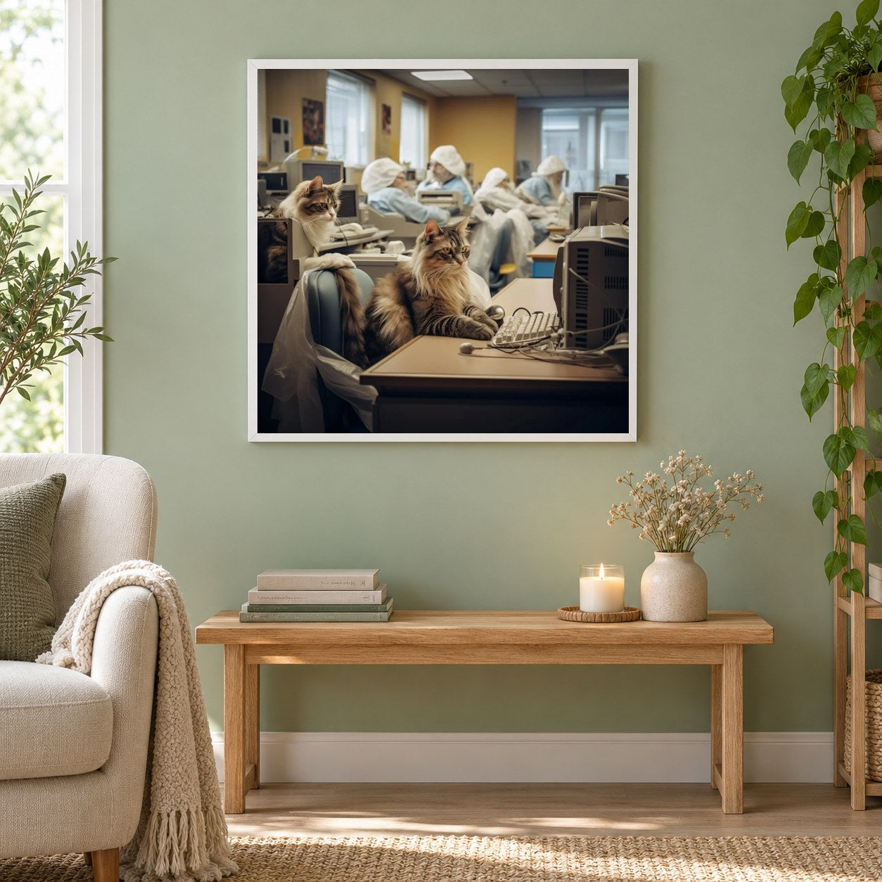 Katzen beim Heimwerken als gerahmtes Diamond Painting im Wohnzimmer