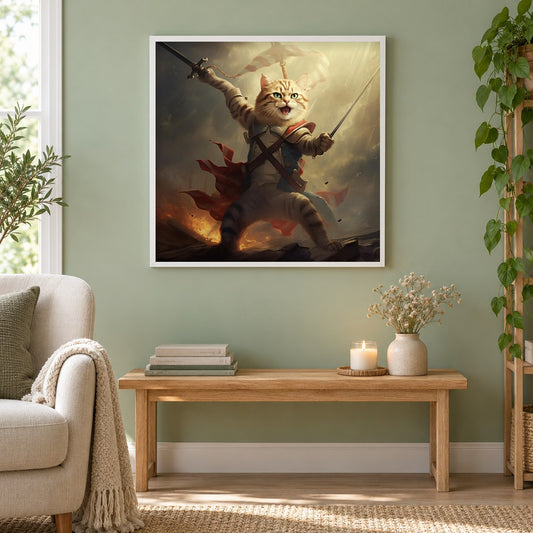 Katzenrevolution als gerahmtes Diamond Painting im Wohnzimmer