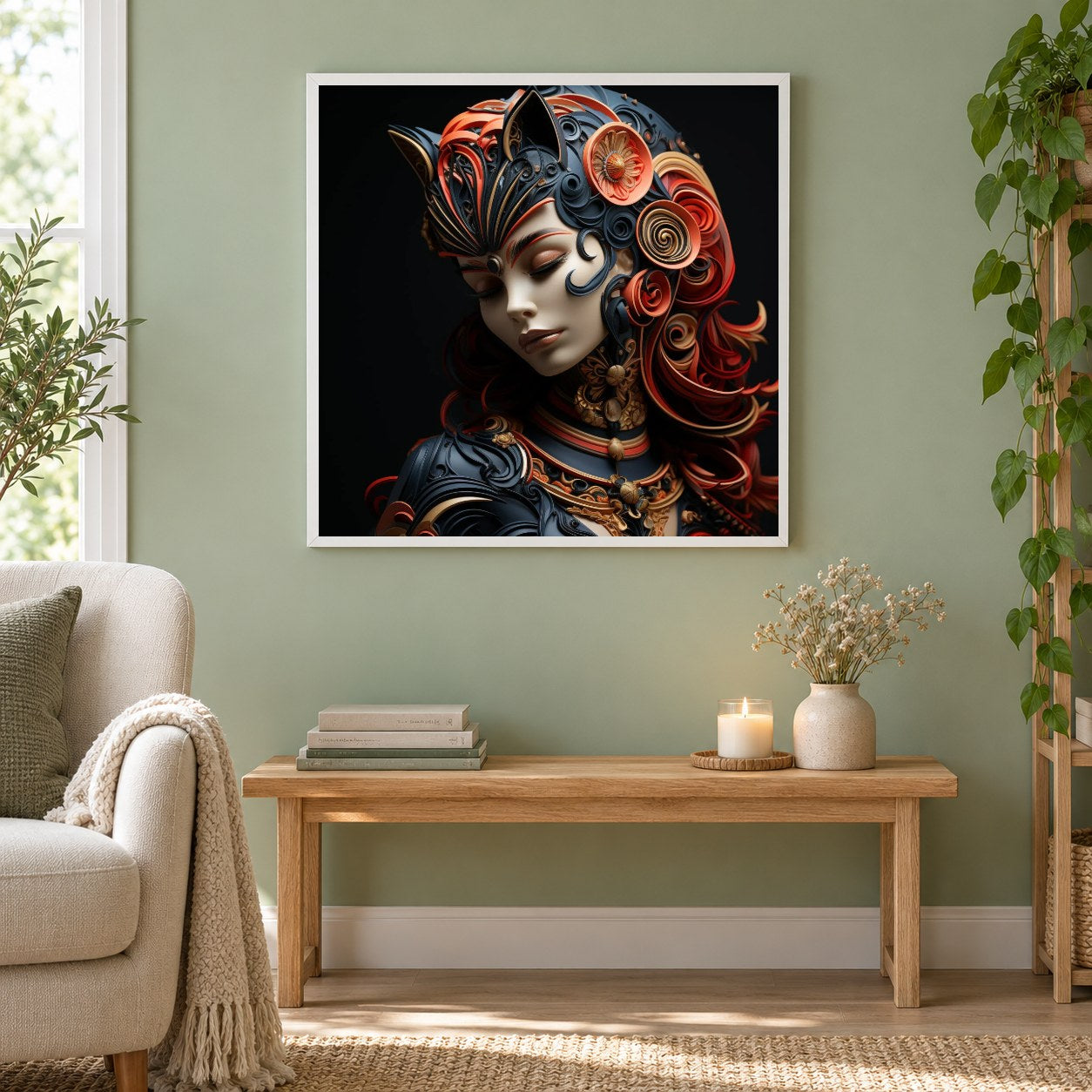 Katzenfrau Heimwerken als gerahmtes Diamond Painting im Wohnzimmer