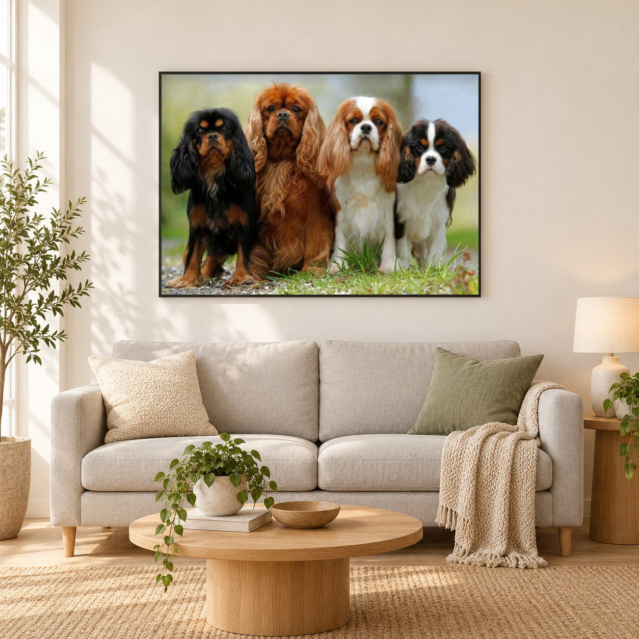 Cavalier King Charles Spaniel Welpen als gerahmtes Diamond Painting im Wohnzimmer