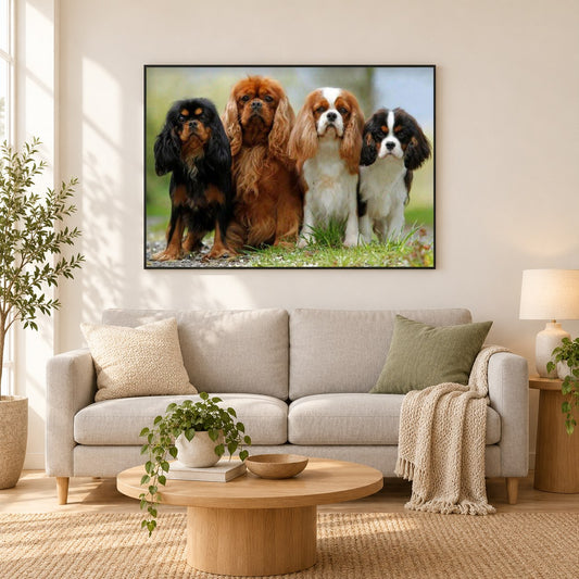 Cavalier King Charles Spaniel Welpen als gerahmtes Diamond Painting im Wohnzimmer