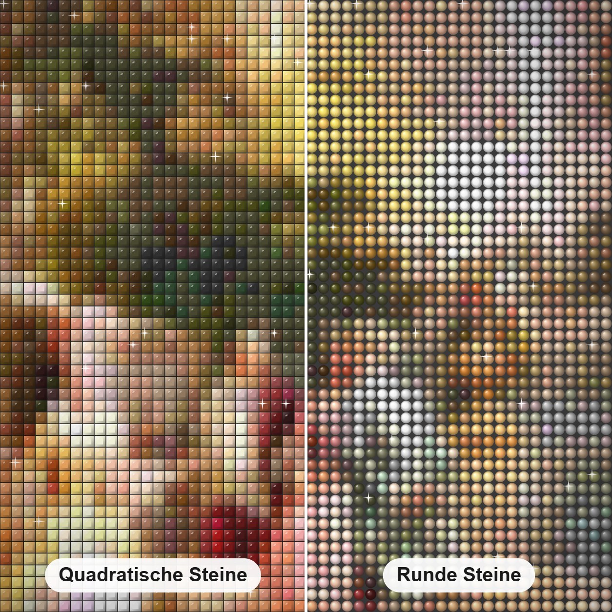 Cesare Agostino Detti's Art Work Diamond Painting Nahaufnahme mit quadratischen und runden Steinen