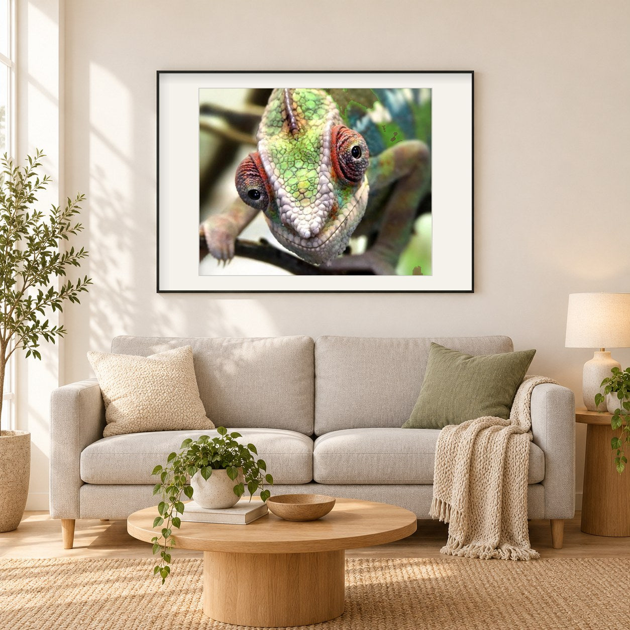Chamäleon-Gesichtsfarbe mit Diamanten als gerahmtes Diamond Painting im Wohnzimmer