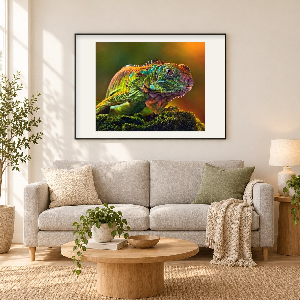 Chamäleon Nahaufnahme als gerahmtes Diamond Painting im Wohnzimmer