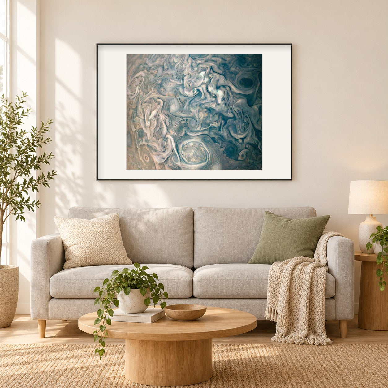 Chaotische Wolken des Jupiter als gerahmtes Diamond Painting im Wohnzimmer
