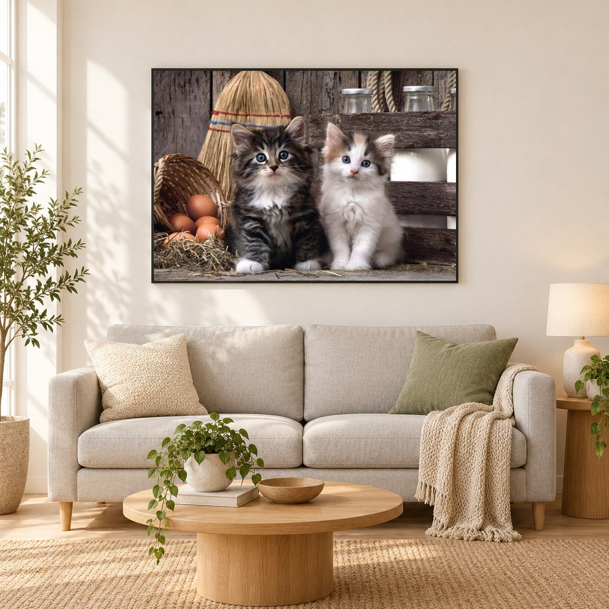 Charmante Katzen als gerahmtes Diamond Painting im Wohnzimmer
