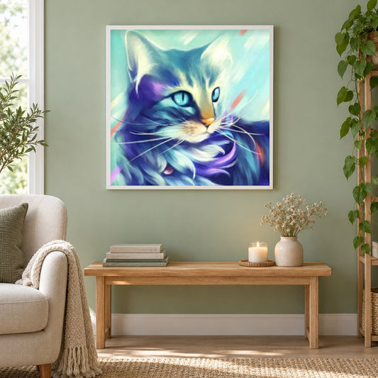 Charmante Katzenfarbe mit Diamanten als gerahmtes Diamond Painting im Wohnzimmer
