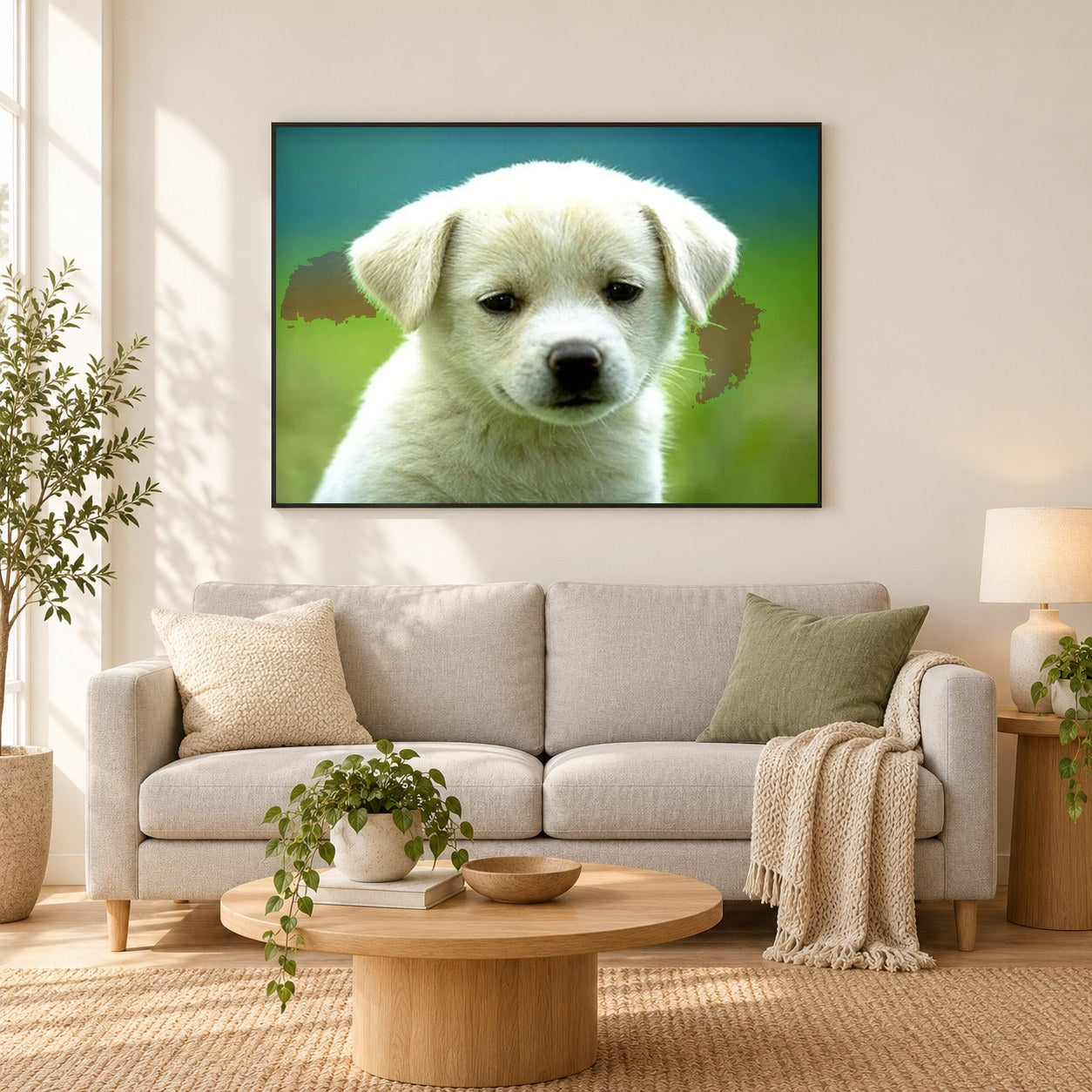 Charmanter Welpe als gerahmtes Diamond Painting im Wohnzimmer
